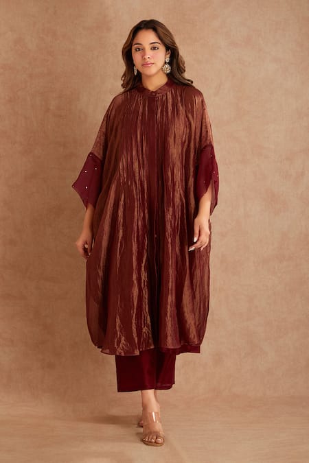 Buy Priya Chaudhary Red Tissue, Chanderi Overlay Jacket And Tunic Set Online at Aza Fashions Buy_Priya Chaudhary_Red Tissue, Chanderi Overlay Jacket And Tunic Set _Online_at_Aza_Fashions