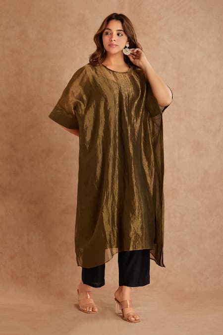 Buy_Priya Chaudhary_Brown Tissue, Chanderi Kaftan And Pant Set 
