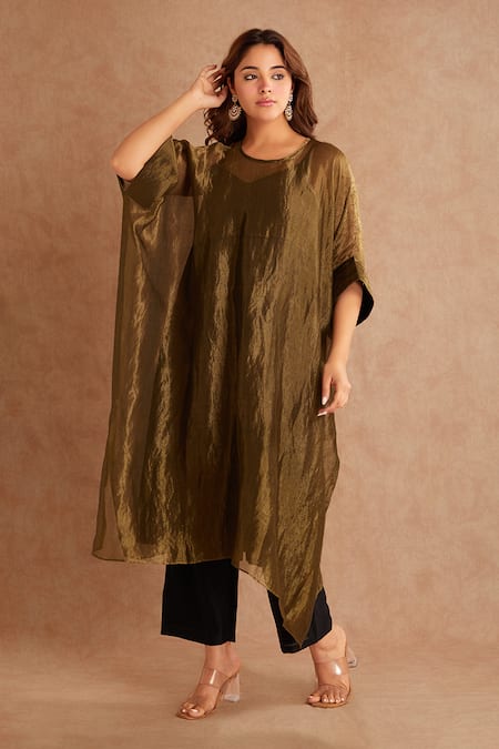 Shop_Priya Chaudhary_Brown Tissue, Chanderi Kaftan And Pant Set 