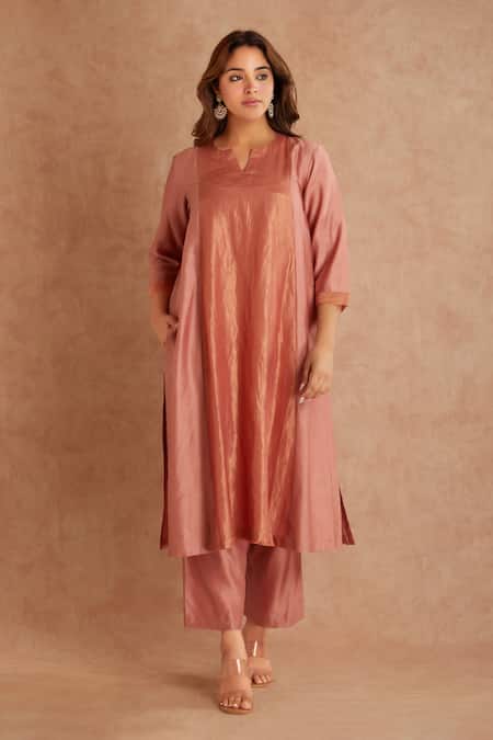Shop_Priya Chaudhary_Pink Chanderi Straight Kurta Set _Online_at_Aza_Fashions