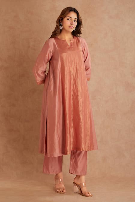 Priya Chaudhary_Pink Chanderi Straight Kurta Set _at_Aza_Fashions