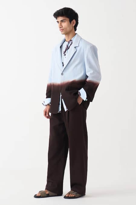Buy_Three_Blue Denim, Crepe Dip-dye Blazer Pant Set _Online_at_Aza_Fashions