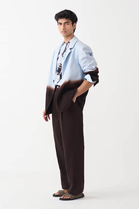 Shop_Three_Blue Denim, Crepe Dip-dye Blazer Pant Set _Online_at_Aza_Fashions