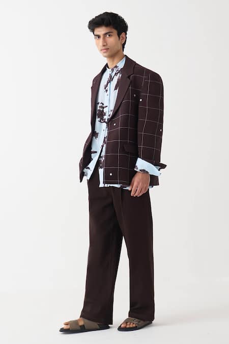 Three_Brown Handloom Cotton, Denim Mirrors Chequred Pattern Blazer Pant Set _Online_at_Aza_Fashions