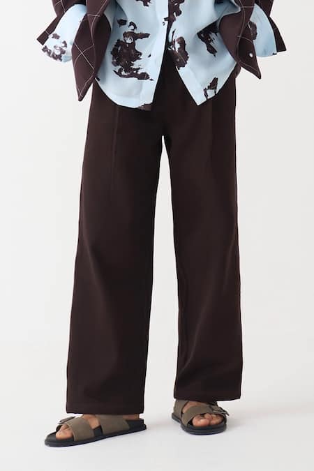 Buy_Three_Brown Handloom Cotton, Denim Mirrors Chequred Pattern Blazer Pant Set _Online_at_Aza_Fashions