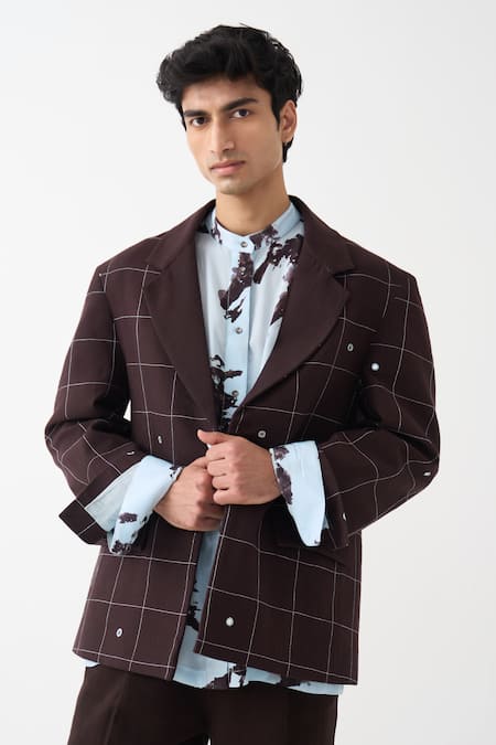 Shop_Three_Brown Handloom Cotton, Denim Mirrors Chequred Pattern Blazer Pant Set 