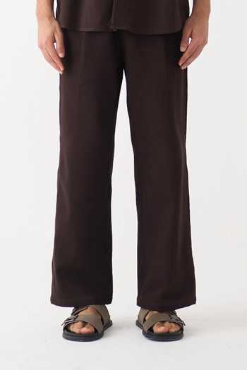 Three_Brown Cotton, Denim Patchwork Abstract Pattern Shirt And Pant Set _Online_at_Aza_Fashions