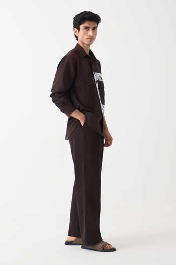 Buy_Three_Brown Cotton, Denim Patchwork Abstract Pattern Shirt And Pant Set 
