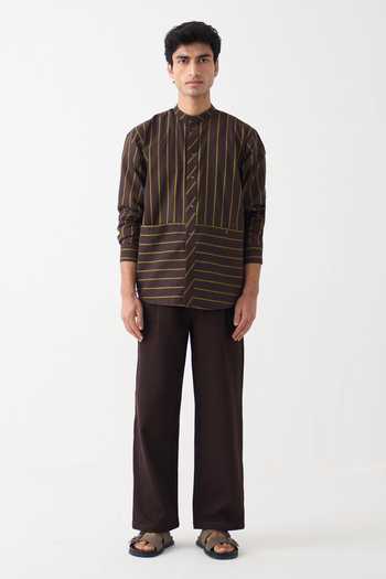 Buy_Three_Brown Cotton, Denim Striped Handwoven Shirt And Pant Set _Online_at_Aza_Fashions