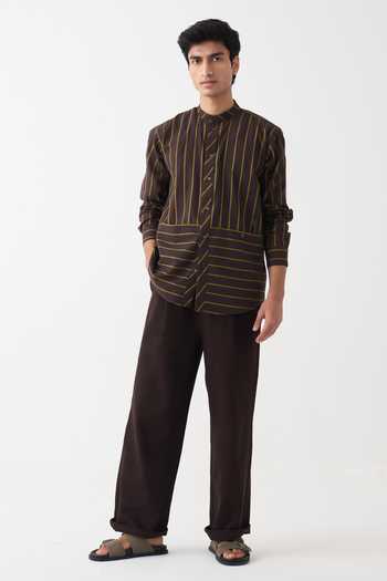 Shop_Three_Brown Cotton, Denim Striped Handwoven Shirt And Pant Set _Online_at_Aza_Fashions