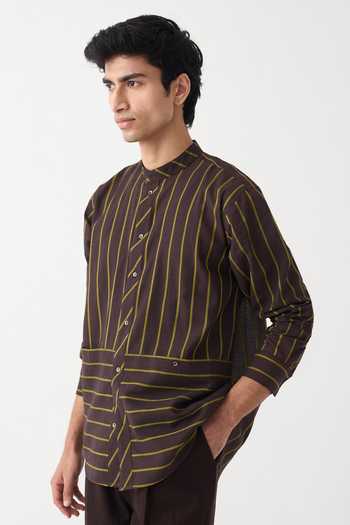 Three_Brown Cotton, Denim Striped Handwoven Shirt And Pant Set _at_Aza_Fashions
