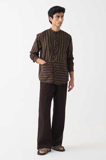 Buy_Three_Brown Cotton, Denim Striped Handwoven Shirt And Pant Set 