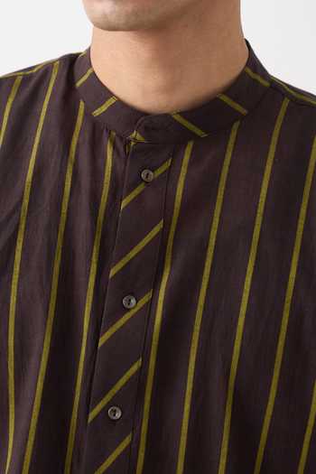 Shop_Three_Brown Cotton, Denim Striped Handwoven Shirt And Pant Set 