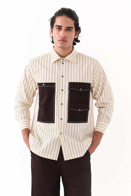 Buy Three Beige Cotton, Poplin Double Patch Pocket Striped Shirt Online at Aza Fashions Buy_Three_Beige Cotton, Poplin Double Patch Pocket Striped Shirt _Online_at_Aza_Fashions