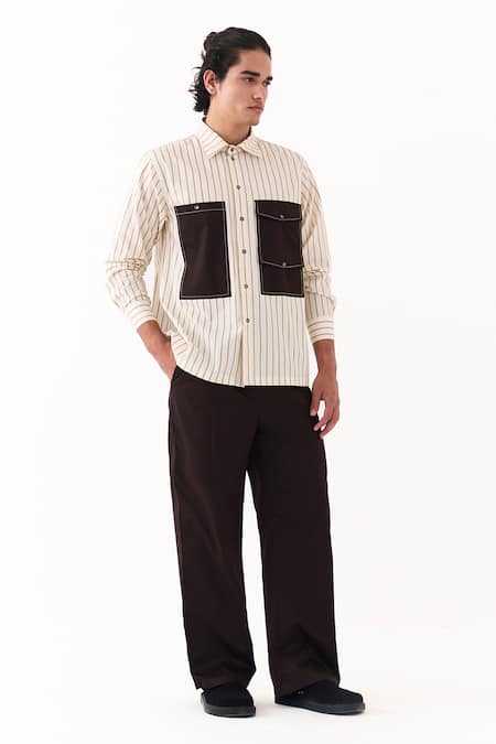 Shop Three Beige Cotton, Poplin Double Patch Pocket Striped Shirt Online at Aza Fashions Shop_Three_Beige Cotton, Poplin Double Patch Pocket Striped Shirt _Online_at_Aza_Fashions