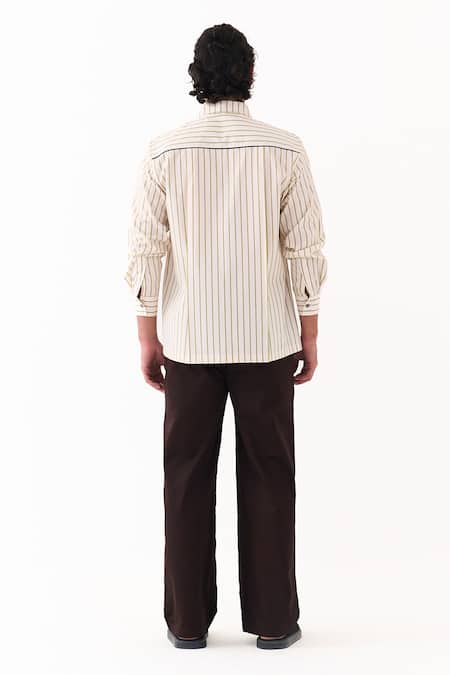 Buy Three Beige Cotton, Poplin Double Patch Pocket Striped Shirt Buy_Three_Beige Cotton, Poplin Double Patch Pocket Striped Shirt