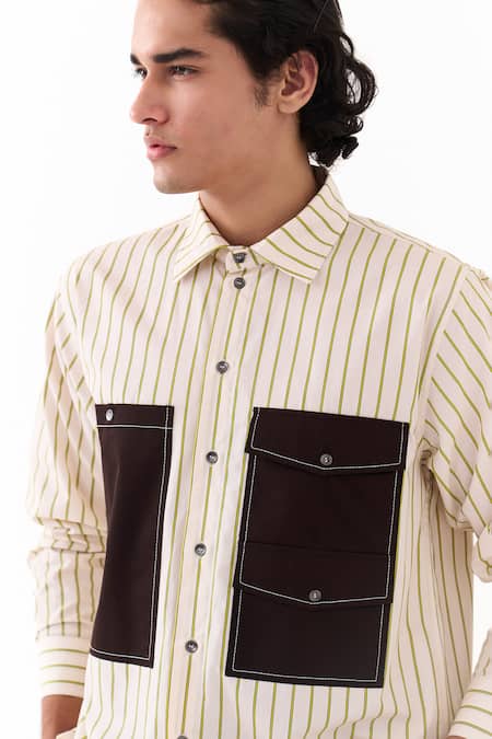 Shop Three Beige Cotton, Poplin Double Patch Pocket Striped Shirt Shop_Three_Beige Cotton, Poplin Double Patch Pocket Striped Shirt