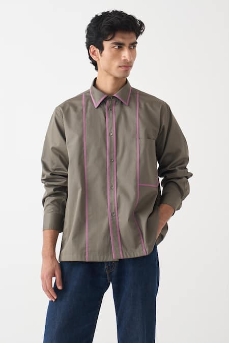 Three Piping Detail Cotton Poplin Shirt 