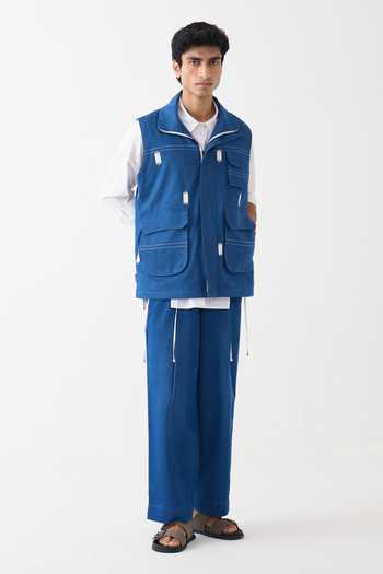 Three_Blue Denim Embroidery Sleeveless Jacket _Online_at_Aza_Fashions