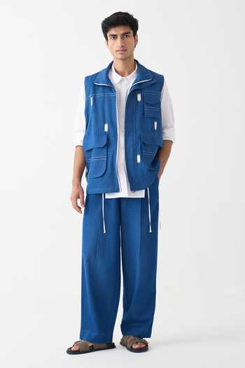 Buy_Three_Blue Denim Embroidery Sleeveless Jacket _Online_at_Aza_Fashions