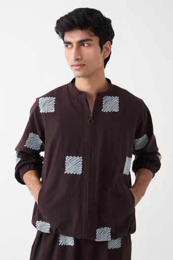 Buy_Three_Brown Cotton Embroidery Square Handwoven Jacket 