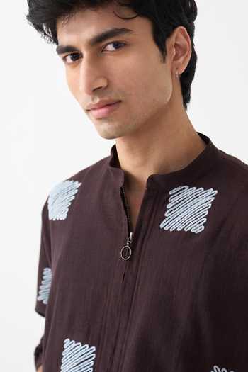 Shop_Three_Brown Cotton Embroidery Square Handwoven Jacket 