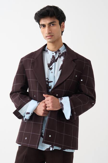 Shop Three Brown Cotton Mirrors Handwoven Windowpane Blazer Shop_Three_Brown Cotton Mirrors Handwoven Windowpane Blazer