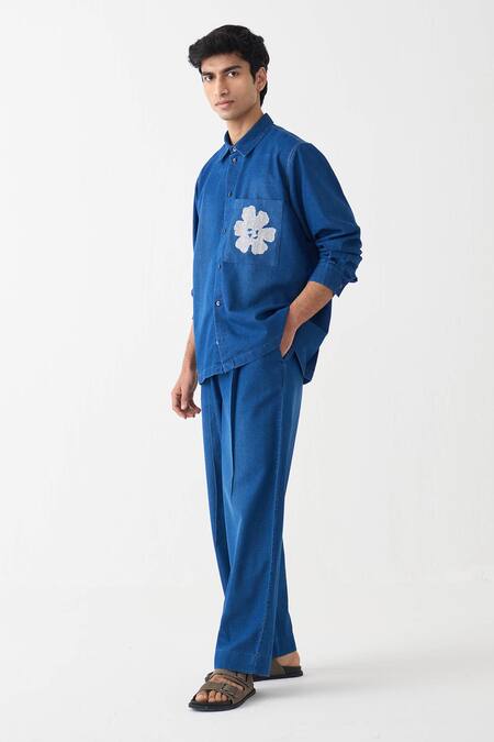 Three_Blue Denim Pleated Pant _Online_at_Aza_Fashions