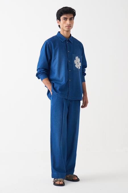 Buy_Three_Blue Denim Pleated Pant _Online_at_Aza_Fashions