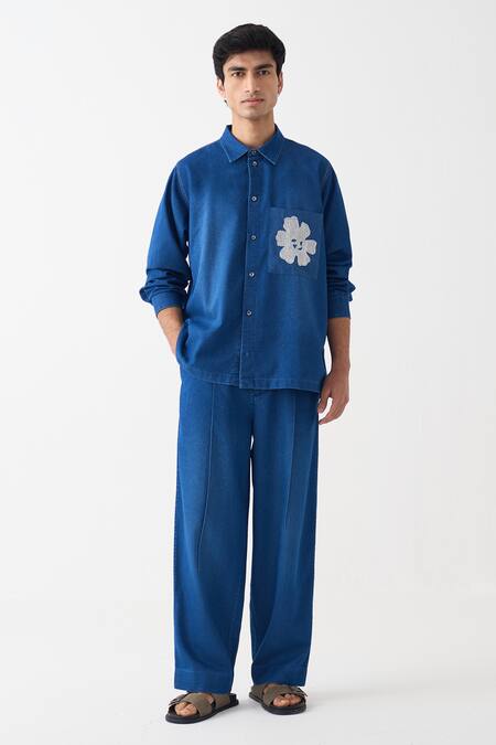 Shop_Three_Blue Denim Pleated Pant _Online_at_Aza_Fashions