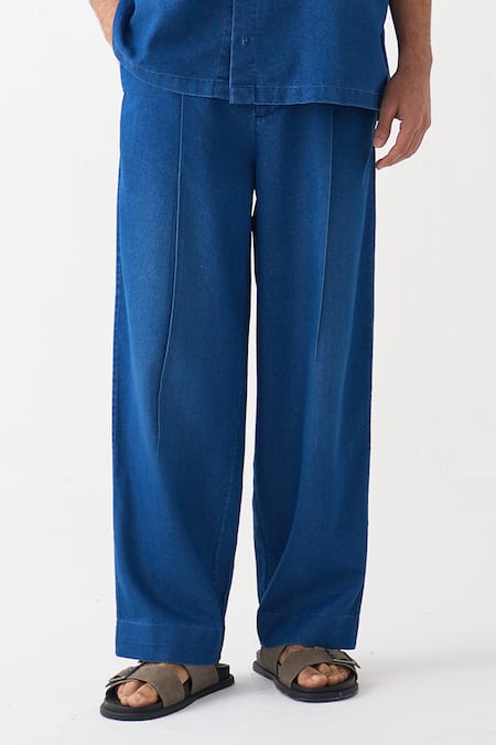 Three_Blue Denim Pleated Pant _at_Aza_Fashions