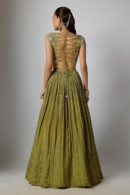 Krishna Padia Bandhej Print & Embroidered Blouse Lehenga Set 