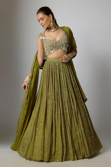 Krishna Padia Bandhej Print & Embroidered Blouse Lehenga Set 