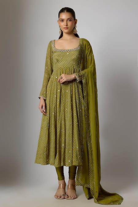 Krishna Padia Bandhej Print Embroidered Anarkali Set 