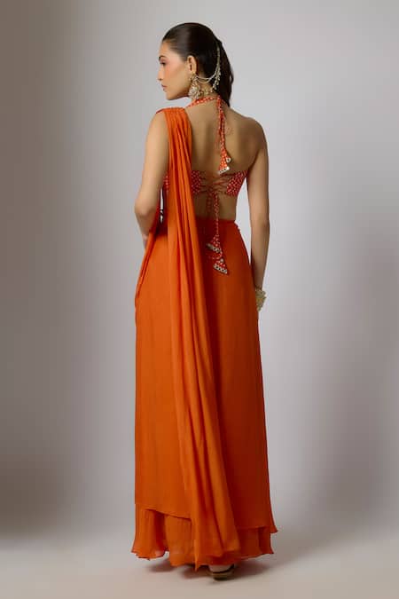 Krishna Padia Bandhej Print Pre-Draped Saree Set 