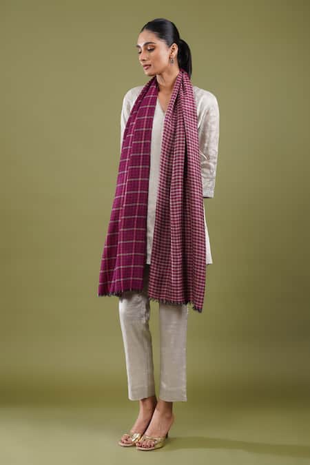 SHAZA_Pink Chequered Pattern Stole _Online_at_Aza_Fashions