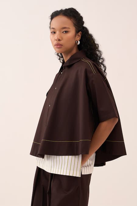 Three Brown Cotton, Poplin Shirt Set at Aza Fashions Three_Brown Cotton, Poplin Shirt Set _at_Aza_Fashions