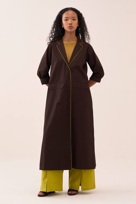 Three_Brown Cotton, Chanderi, Poplin, Net Back Pleated Jacket Set _Online_at_Aza_Fashions