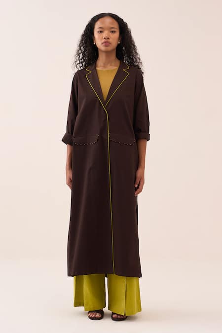 Buy_Three_Brown Cotton, Chanderi, Poplin, Net Back Pleated Jacket Set _Online_at_Aza_Fashions