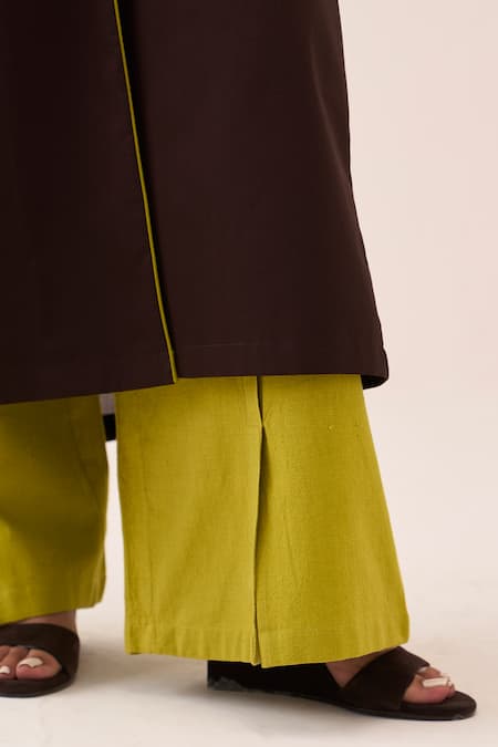 Three_Brown Cotton, Chanderi, Poplin, Net Back Pleated Jacket Set _at_Aza_Fashions