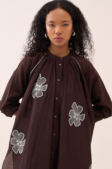 Three_Brown Chanderi Embroidery Floral Kurta And Pant Set _Online_at_Aza_Fashions