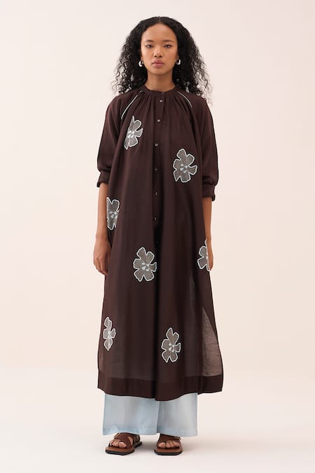 Buy_Three_Brown Chanderi Embroidery Floral Kurta And Pant Set 