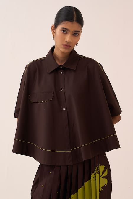 Buy Three Brown , Poplin, Chanderi, Satin Splash Print Pant Set Buy_Three_Brown , Poplin, Chanderi, Satin Splash Print Pant Set