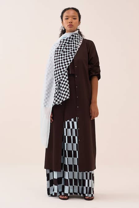 Three Brown Poplin, Silk, Crepe, Cotton Checkered Pleated Skirt Set Online at Aza Fashions Three_Brown Poplin, Silk, Crepe, Cotton Checkered Pleated Skirt Set _Online_at_Aza_Fashions