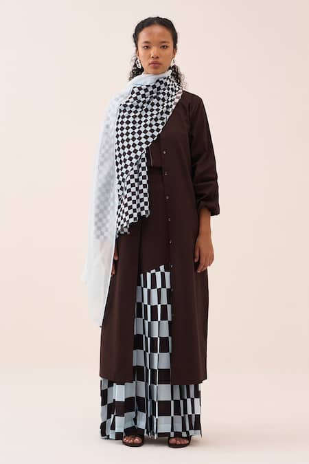 Shop Three Brown Poplin, Silk, Crepe, Cotton Checkered Pleated Skirt Set Online at Aza Fashions Shop_Three_Brown Poplin, Silk, Crepe, Cotton Checkered Pleated Skirt Set _Online_at_Aza_Fashions