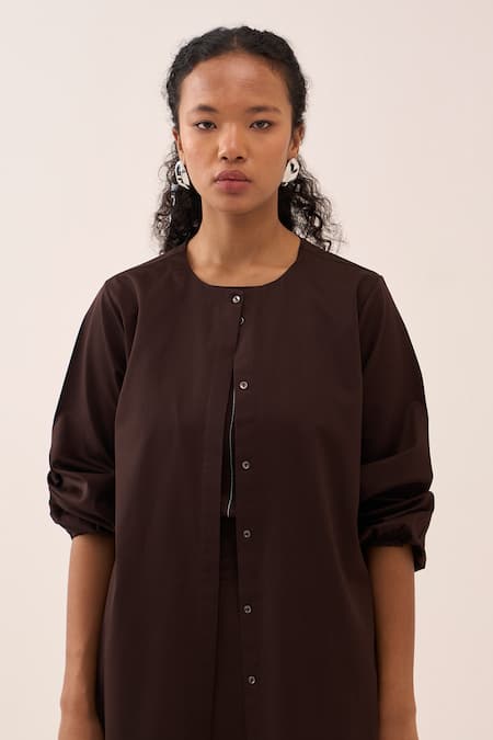 Three Brown Poplin, Silk, Crepe, Cotton Checkered Pleated Skirt Set at Aza Fashions Three_Brown Poplin, Silk, Crepe, Cotton Checkered Pleated Skirt Set _at_Aza_Fashions