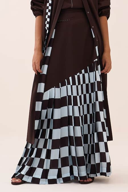 Buy Three Brown Poplin, Silk, Crepe, Cotton Checkered Pleated Skirt Set Buy_Three_Brown Poplin, Silk, Crepe, Cotton Checkered Pleated Skirt Set