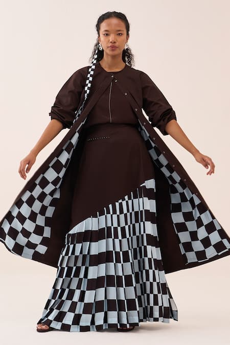 Shop Three Brown Poplin, Silk, Crepe, Cotton Checkered Pleated Skirt Set Shop_Three_Brown Poplin, Silk, Crepe, Cotton Checkered Pleated Skirt Set
