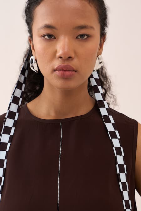 Three_Brown Cotton, Poplin, Silk, Crepe Embroidery Checkered Skirt Set _Online_at_Aza_Fashions