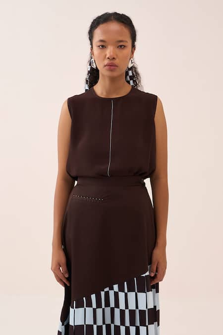 Shop_Three_Brown Cotton, Poplin, Silk, Crepe Embroidery Checkered Skirt Set _Online_at_Aza_Fashions